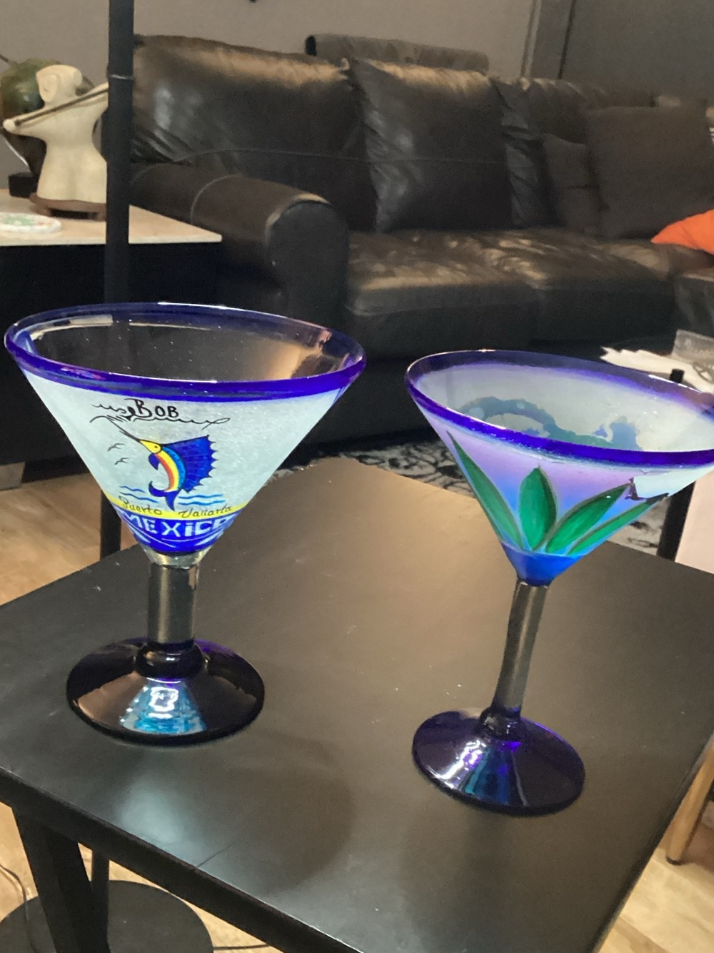 Mexico Hand Blown - Hand Painted - Martini/Margarita Glasses - Cobalt Blue 7.5”